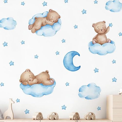 Cute Blue Sleeping Baby Bear Wall Stickers, sacinora Moon and Stars DIY Art Wall Decals Removable Vinyl Peel and Stick for Boys Kids Baby Nursery Bedroom Toddler Room Kindergarten Decorations