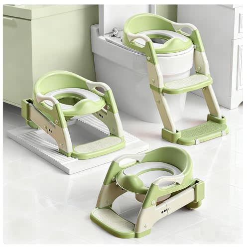 Snugzy Toddler Potty Training Seat 3-in-1 Foldable Potty Training Toilet with Step Stool Adjustable Potty Chair with Urinals (Green)