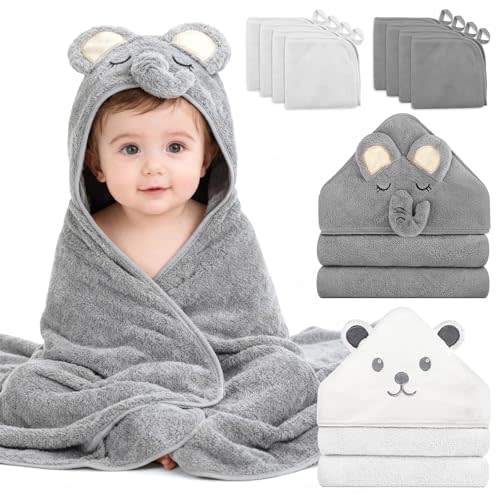 10 PCS Baby Towels Set - 2 Hooded Towels & 8 Washcloths, Ultra Soft & Absorbent Bath Towels for Newborn, Infant, Toddler, Baby Shower, Daily Use, Cute Animal Design