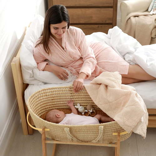 Adjustable Wooden Moses Basket Stand with Wheels for Newborn, Safe & Easy to Assemble