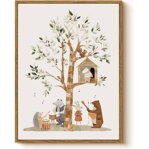 Vintage Framed Nursery Wall Art 12x16 Inch Canvas Print, Woodland Animal Music Tree Illustration with Bear Deer Hedgehog Squirrel, Neutral Kids Room Bedroom Baby Nursery Farmhouse Home Decor