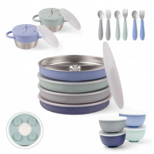 Stainless Steel Mealtime Bundle | Suction Sleeves | Plates, Bowls, Snack Cups + Toddler Utensils | 16 Pcs |  Sage/MistyBlue/Navy/Gray