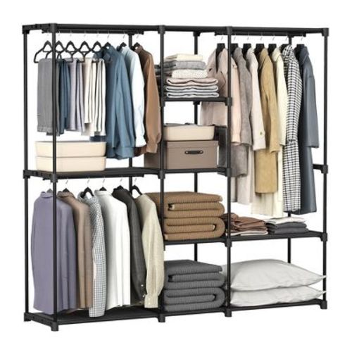 Freestanding Closet Organizer with Hanging Rods & Shelves, Portable Wardrobe Rack, Tool-Free Assembly, Anti-Tip Kit, for Bedroom/Cloakroom, Black