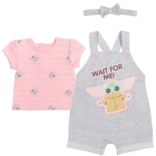 Star Wars The Child Infant Baby Girls French Terry Snap Short Overalls T-Shirt and Headband 3 Piece Outfit Set Newborn to Infant