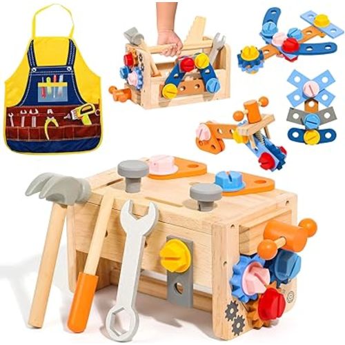 TONZE Kids Tool Set with Apron, 39 PCS Wooden Toddler Tool Bench Box Montessori Toys for 2 3 4 Year Old Boys Girls, Educational STEM Construction Toys Pretend Play Toddler Toys Age 3-5 Birthday Gift