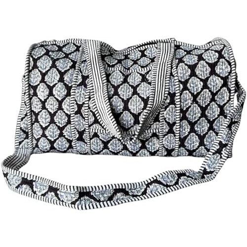 ATOSII Handblock Print 100% Cotton Large Quilted Duffle Bag for Overnight Trip, Travel Weekend Bag, Luggage, 2 Pockets with Zipper, 1 Front Pocket, Detachable Long Strap, 20 X 10 X 12 Inches, Gracie