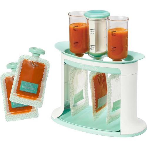 Infantino Squeeze Station, Baby Food Maker & Pouch Filler, Fill 3 Reusable Pouches at Once, Easy to Use, Dishwasher Safe, Homemade Baby Food Prep Essential, Teal