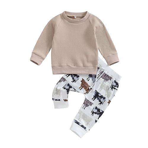 Muasaaluxi Western Baby Boy Clothes Long Sleeve Waffle Crewneck Sweatshirt Cow Print Jogger Pants Cowboy Fall Winter Outfit