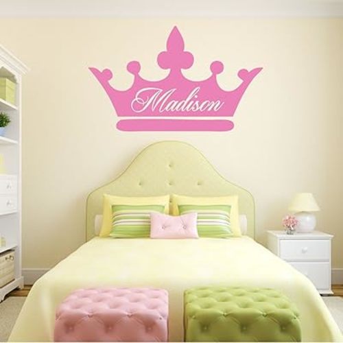 Room Wall Decor - Princess Crown with Customized Name Vinyl Decal Stickers for Home in Teen, Kids, Baby Girls Bedroom, Bathroom, Nursery or Dorm - Custom Sizes and Colors Fit Any Themed Living Space