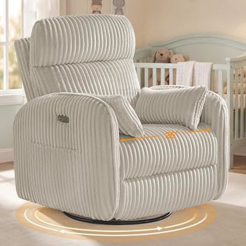 Power Swivel Rocker Recliner with Adjustable Headrest,26"Nursery Recliner
Extra Wide Power Glider Recliner Nursery Chair,Corduroy Upholstered Rocking Recliner for Nursery,Infinite Position,2 Pillows