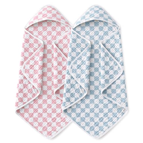 Yoofoss Hooded Baby Bath Towels 2 Pack 100% Muslin Organic Cotton with Hood | for Newborn, Babies, Infant, Toddler and Kids, 32x32 Inch, Soft and Absorbent, Baby Essential, Pink Blue Checkered