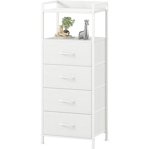 Somdot White Nightstand with 4 Drawers, Vertical Storage Tower Fabric Dresser for Bedroom, Bedside Table Furniture, Sturdy Steel Frame, Wooden Top & Easy Pull Fabric Bins