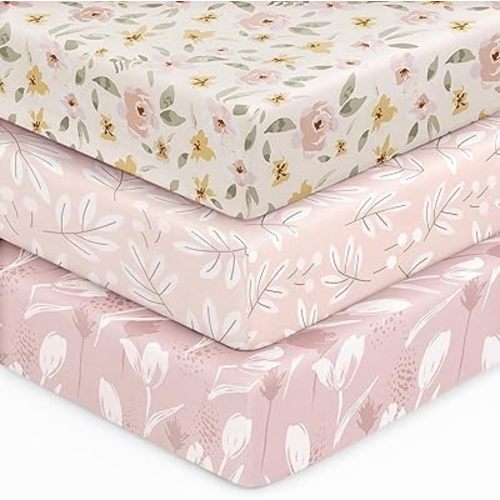 Baby Crib Sheets for Boys Girls, 28x52x8in Fitted Crib Sheet Neutral 3 Pack for Standard Crib and Toddler Mattress, Breathable Soft Microfiber Baby Sheet Pink Flowers & Leaf