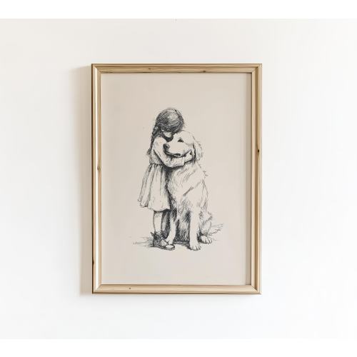 Girl with Golden Retriever Poster, Vintage Nursery Wall Art Decor, PRINTED AND SHIPPED