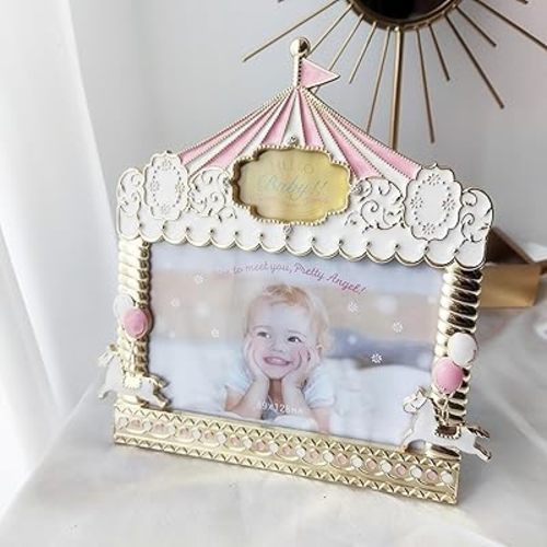 Carousel Horse Theme Picture Frame, Gold Metal Design with Crown Top, 3.5 * 5in, Table Display,Nursery Baby Decor (PINK)