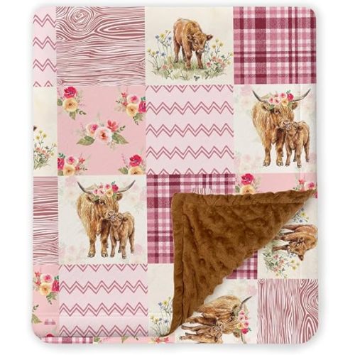 Highland Cow Baby Blanket for Girls, Western Minky Blankets for Daughters, Nursery Room Decor, Pink Soft Warm Lightweight Nursery Bed Blanket for Newborn Toddlers, Double Layer with Dotted Backing
