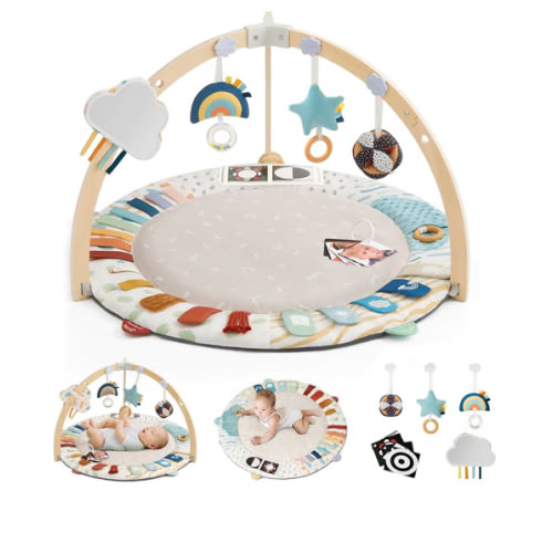 Blissful Diary Baby Play Gym & Activity Mat, 5 Developmental Zones Wooden Tummy Time Mat with 5 Detachable Sensory Toys for Motor Skills & Sensory Development, Baby Essentials Shower Gift