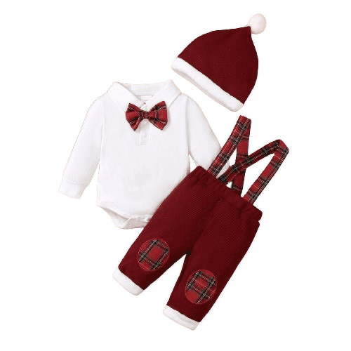 Xmas 3Pcs Cute Clohes for Newborn Baby Boys Outfits Long Sleeve Bow Tie Romper Tops Plaid Suspender Pants Hat 1-18M