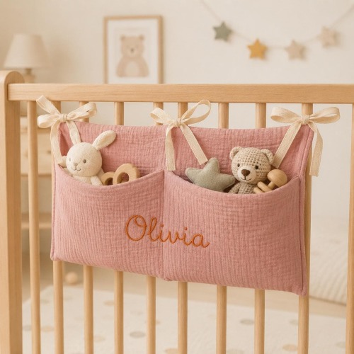 Personalized Crib Organizer, Custom Name Hanging Nursery Caddy, Cotton Baby Bedside Storage Basket, Diaper Organizer, Baby Shower Gift
