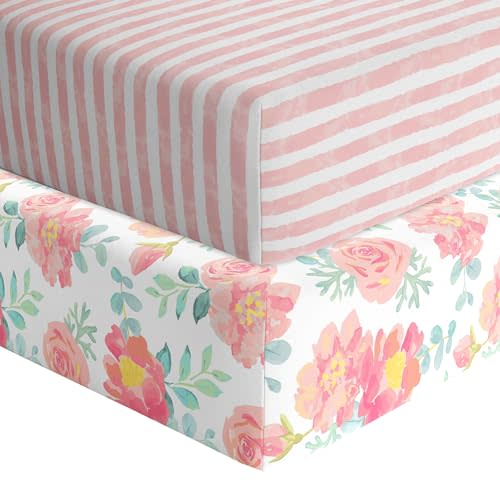 Featherhead™ 2-Pack Fitted Crib Sheets - 100% Cotton - 52" x 28" x 9" for Standard Crib and Toddler Mattress (Jersey Garden Floral)