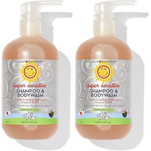 California Baby Super Sensitive Baby Shampoo + Baby Wash | 100% Plant-Based | Unscented Body Wash For Sensitive Skin | Hypoallergenic | 19 oz (2-Pack)