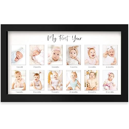 My First Year Photo Frame,12 Months Baby Picture Frame for Newborn Girl, Boy-Baby Shower Gifts Keepsakes,Monthly Baby's One Year Birthday Milestone,1st Nursery Photo Collage Display Board (Onyx Black)