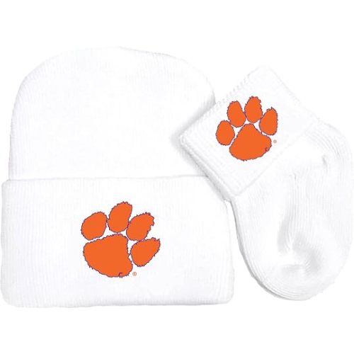 Clemson Tigers Collegiate Licensed Newborn Baby Knit Cap and Socks Set White