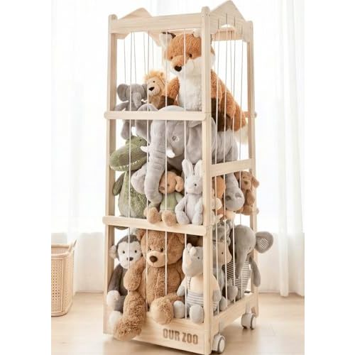CPC & TIC Certified Stuffed Animal Storage - 3 in 1 Wood Stuffed Animal Organizer with Wheels, Extra Large Stuffy Storage Animal Zoo, Plushies Storage Tower Cage for Kids Toddler Room Decor 48H"