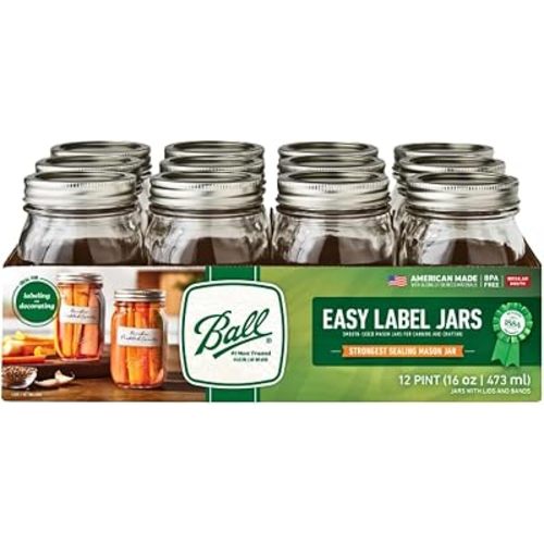 Ball Regular Mouth Easy Label Glass Mason Jars with Lids and Bands, Used for Canning, Pickling, Juice, Jam, Jelly, Pint Size 16 Ounce (Pack of 12)