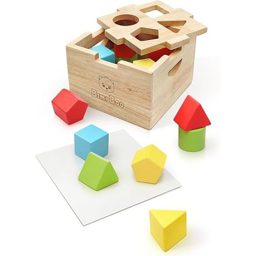 Bimi Boo Wooden Shape Sorter Toy for Babies - Premium Simple Sorting Box with Noise-Reducing Silicone Pad - Classic Montessori Toy for Toddlers (8 Various Blocks, 1 Box, 1 Silicone Pad)