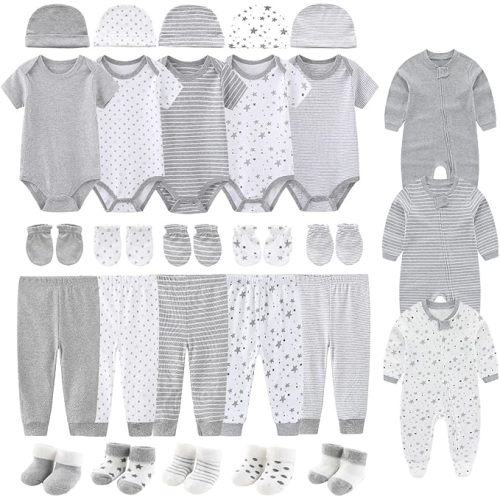28 Pack Unisex Baby Layette Set Boy Girl Pants+Rompers+Short Sleeve Bodysuits+Hats+Gloves+Socks New Born Outfit