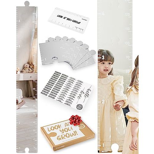 LOOKEY Growth Chart Mirror for Kids - Height Ruler with Stickers - Nursery Wall Decor Dress Up Center - Shatterproof Acrylic Full Body Measurement - Montessori Essential