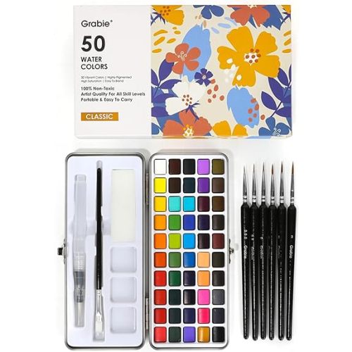 Grabie 50 Colors Watercolor Paint Set, Detail Paint Brush Included, Watercolor Paints, Painting Sets, Art Supplies for Painting, Travel Watercolor Set, Amateur Hobbyists
