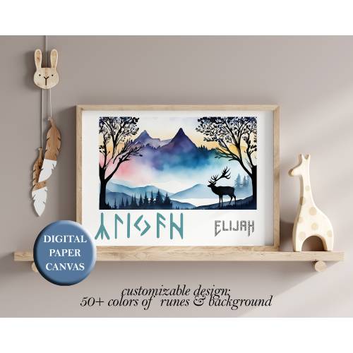 Custom Baby Runic Name Print Futhark Child Name Poster Norse Name Wall Art Personalized Futhark Norse Nursery Gift Viking Nursery Deer Decor