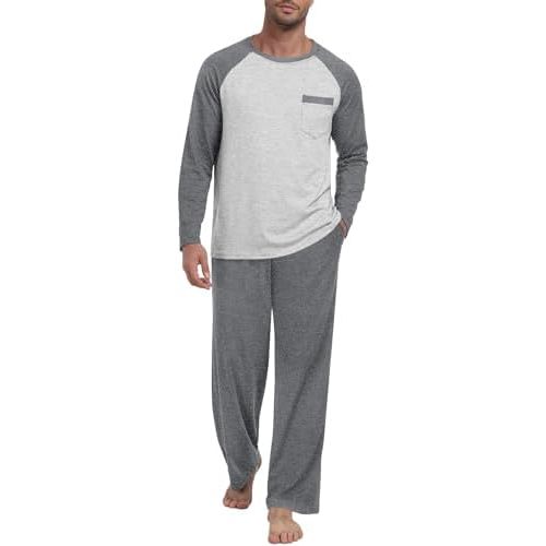 Mens Pajama Set Pjs Sleepwear Lightweight Long Sleeve Pjs Soft Comfy Sleep Set With Pocket