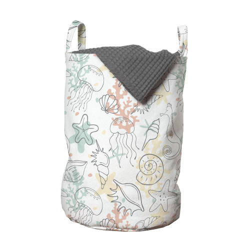 Marine Laundry Bag, Underwater Seashells Scallops Starfish Corals Jellyfish Seahorse Ocean Doodle, Basket with Handles Drawstring Closure for Laundromats, 13" x 19", White Multicolor, by Ambesonne