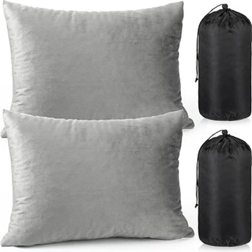 SmoothNovelty 2 Pack Camping Pillow for Sleeping Shredded Memory Foam Travel Pillow with Storage Bag, Compressible Portable Pillow for Outdoor Camp Backpacking Hiking Essential Gear(Grey,Medium)