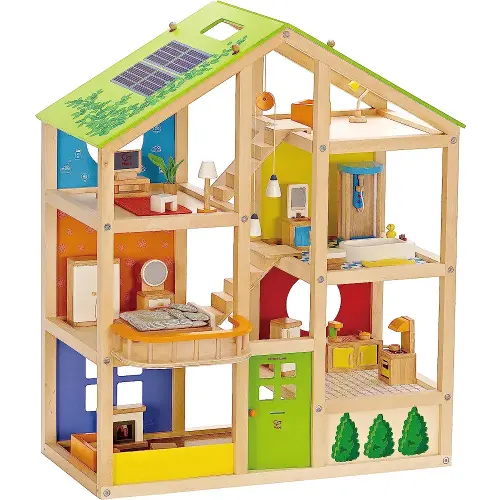All Seasons Kids Wooden Dollhouse by Hape | Award Winning 3 Story Dolls House Toy with Furniture, Accessories, Movable Stairs and Reversible Season Theme L: 23.6, W: 11.8, H: 28.9 inch