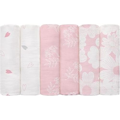 GLLQUEN BABY Receiving Blanket Boy Cotton Muslin Swaddle Blankets Girl Newborn Squares Breathable & Soft Thin Baby Blankets Cloths Double Absorbent Infant Swaddling Wrap - 6 Pack (Rosebud)