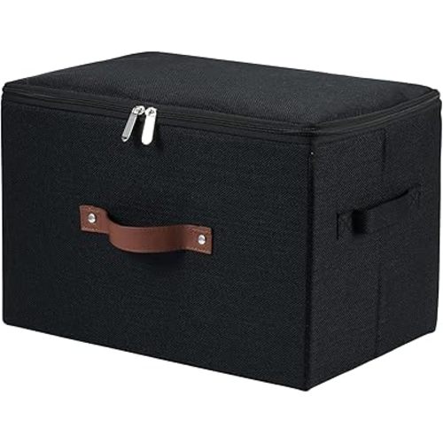 Storage Bins with Zipper Lid Cotton Linen Fabric Lidded Storage Baskets Boxes Foldable Washable Closet Shelf Clothes Organizer Container with PU Leather Handles (Black, Large Size)