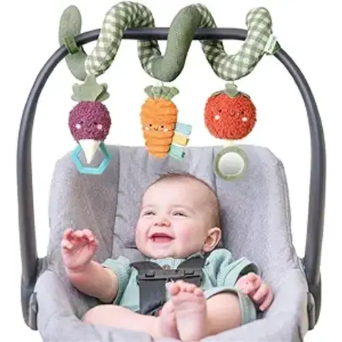 Itzy Ritzy Spiral Car Seat & Stroller Activity Toy - Stroller & Car Seat Toys for Ages 0 Months and Up - Hanging Toys Include Dangling Ring, Mirror and Textured Ribbons (Veggie)