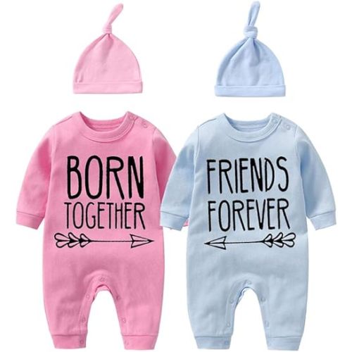 YSCULBUTOL Baby Twins Bodysuit Born Together Friends Forever Newborn Clothes Unisex Twin Outfits With Hat