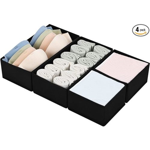 DIMJ Drawer Organizers - Set of 4 Foldable Closet Dividers for Baby Clothes, Socks, Belt, Tie (Black)