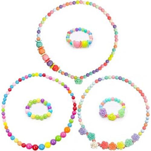 BigOtters Toddler Necklace Bracelet, 3 Sets Kids Jewelry for Girls Colorful Beads, Costume Dress up Jewelry Gifts Princess Party Favors Valentines Day for Kids Classroom Exchanging Gifts
