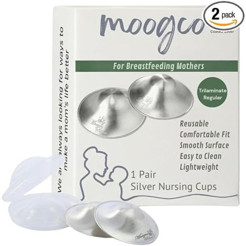 MOOGCO The Original Silver Nursing Cups - Nipple Shields for Breastfeeding Newborn - Breastfeeding Essentials - 999k Tri-Laminate Silver Nipple Covers (Regular Size, Set of 2)
