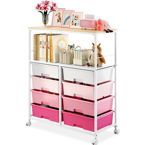 KINGRACK 8 Drawers Rolling Storage Cart with Wooden Top, Multipurpose Utility Cart with Opening Shelf & Lockable Wheels, Storage Drawer Rolling Cart Organizer | Wayfair