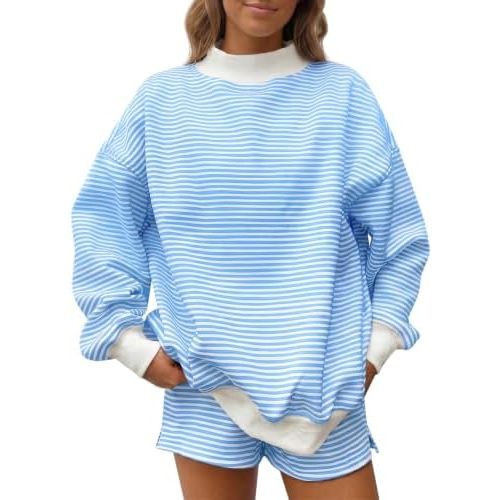 Fisoew Womens Striped 2 Piece Matching Sets Mock Neck Workout Lounge Outfit