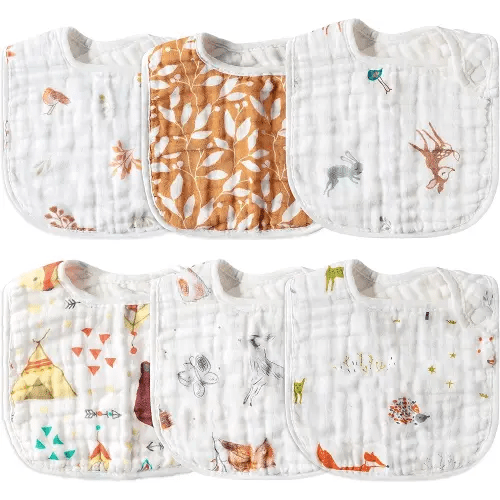 6Pcs Snap Muslin Cotton Baby Bibs Owl Fox Leaf