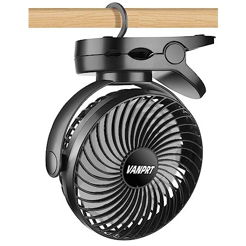 VANPRT 6'' Clip Fan, Portable Clamp Fans with Hanging Hook, 5000mAh Rechargeable Battery Fan, 3 Speeds, 720° Rotation, Quiet, Strong Grip Clamp, 7-30 Working Hours for Camp Stroller Bed - Black