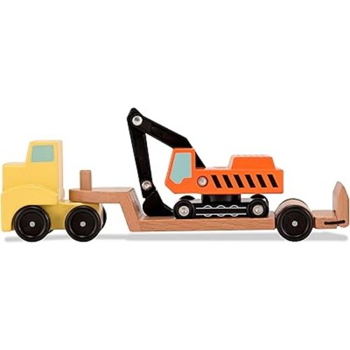 Melissa & Doug Trailer and Excavator Wooden Vehicle Set (3 pcs)
